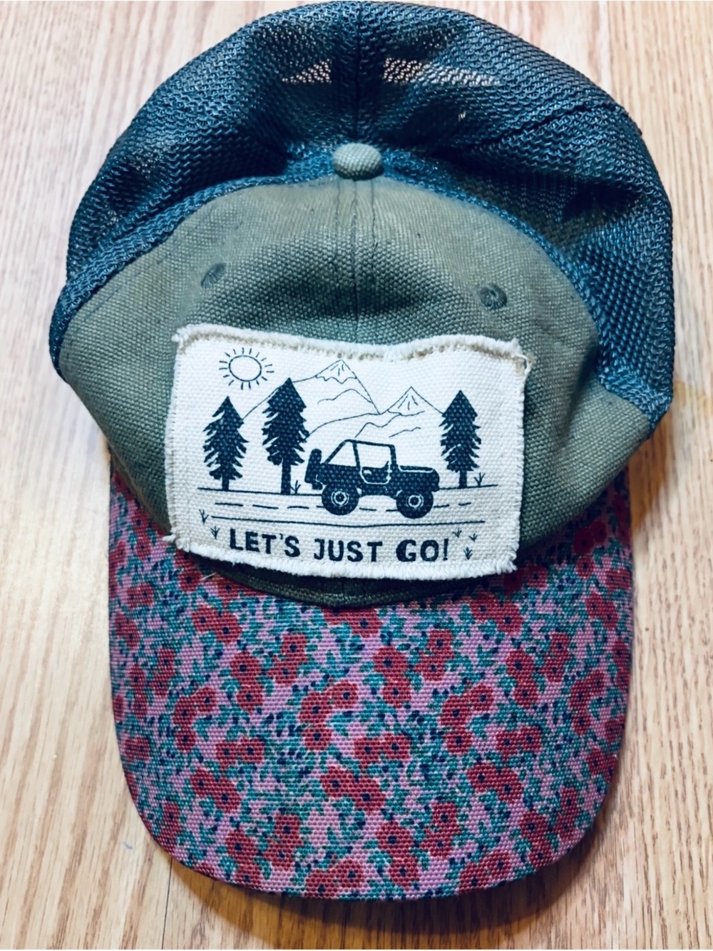 Natural Life rOlive Green & Pink Pattern Trucker Hat - Let's Just Go!